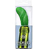 A cartoonishly bright green pickle in packaging. The top of the package is transparent and shows the pickle. The bottom has a top of the wine bottle showing the pickle being used as a wine stopper.