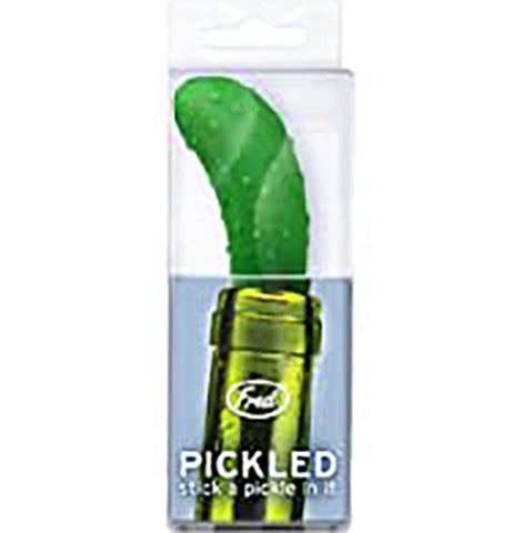 A cartoonishly bright green pickle in packaging. The top of the package is transparent and shows the pickle. The bottom has a top of the wine bottle showing the pickle being used as a wine stopper.