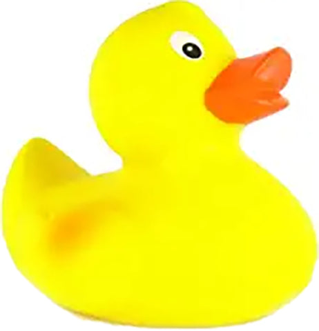 The side of yellow rubber duck with an orange bill and a cartoonish white and black faces the right.