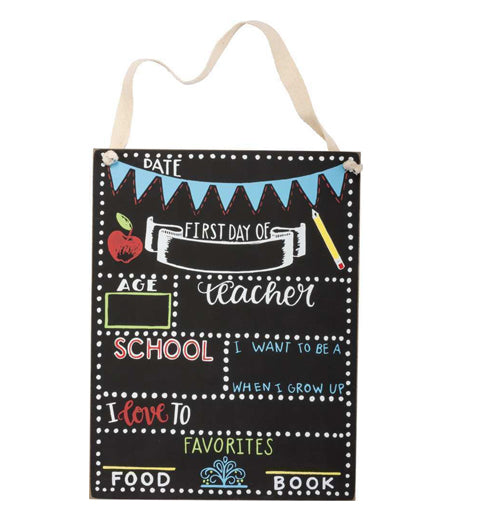 This black chalk sign has a panel of blue pennants covering its top with the word, "Date" above it in white lettering. Below the flags are different panels all in white, blue, and pink lettering. They all have spaces for a student to write their age, school, and teacher&