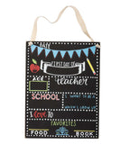 This black chalk sign has a panel of blue pennants covering its top with the word, "Date" above it in white lettering. Below the flags are different panels all in white, blue, and pink lettering. They all have spaces for a student to write their age, school, and teacher's name, what they love to do, and their favorite food and book.