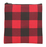 The larger zip-up bag with the red and black gingham design is shown.