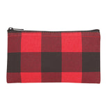 The smaller zip-up bag with the red and black gingham design is shown.