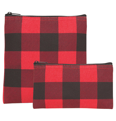 This pair of small zip-up bags each feature a black and red gingham pattern to them. The larger bag is taller, while the smaller bag is shorter.