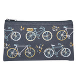 Rectangle shaped black zipper pouch with images of 3 different styled bicycles.