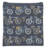 Square shaped black zippered pouch with images of 3 different styled bicycles.