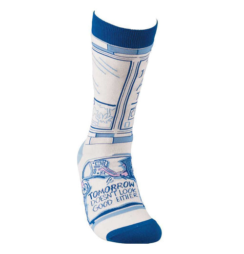The front of the sock is shown with a design of a door with the words, "Tomorrow Doesn&