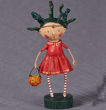 a little girl in a red dress and red stripped stockings with a pumpkin basket, supposed to be Medusa, set on a grey background
