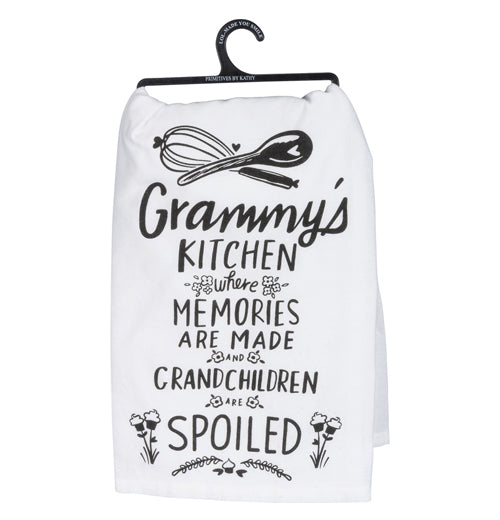 White dish towel that has the words "Grammy&