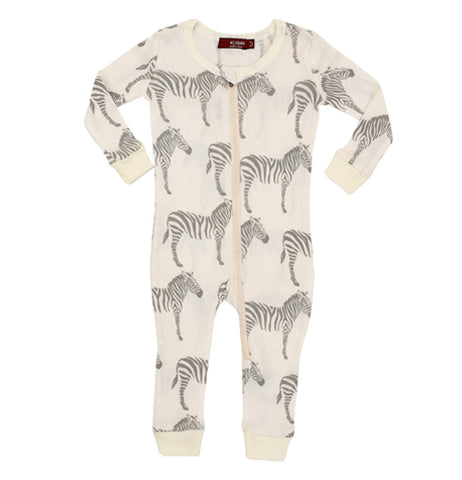 These white pajamas have a white zipper and are decorated with black and white striped zebras from top to bottom.