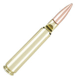The bottle opener shaped like a 338 winchester magnum bullet is shown with its divot facing downwards.