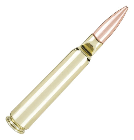 The bottle opener shaped like a 338 winchester magnum bullet is shown with its divot facing downwards.