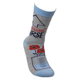 This gray sock with a blue top, heel, and toe has the words, "Awesome Nurse" near the top in red and black lettering. Above the word is a black outlined arrow. Below, near the toes, is a picture of roses in a measuring cup filling with water.