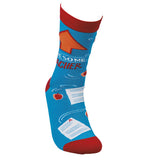 This blue sock with red tops, heels, and toes has a picture of an orange arrow. Below the image are the words, "Awesome Teacher" in white and red lettering.