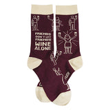 The "Wine Alone" pair of socks has one sock which has the text "Friends Don't Let Friends Wine Alone" in white on purple and another sock which has white line art of woman holding two wine glasses accompanied by two friends holding wine glasses above her on purple.