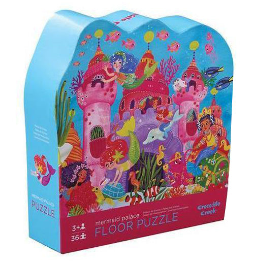 The "Mermaid Palace" Puzzle with 36 pieces has a picture of a dark pink castle with sea animals and mermaids in blue box. 