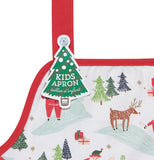 This close-up shot is of a corner of the Christmas apron with a green Christmas tree shaped tag attached to it.
