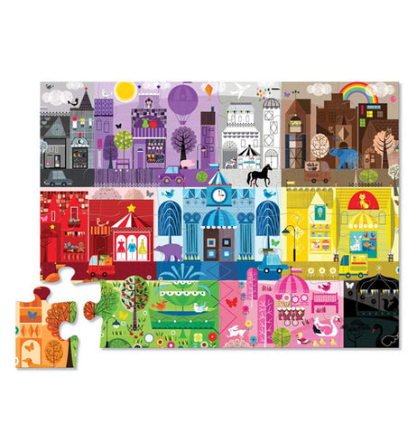 The Early Learning "Color City" Puzzle has all the pieces put together forming the illustration of a city of buildings in different colors. 