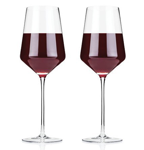 Two of the wine glasses are shown filled with red wine. 