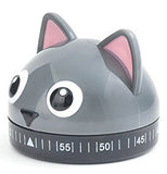 the side view of A kitchen timer in the shape of a grey cat with black and white eyes with the number timer below its nose