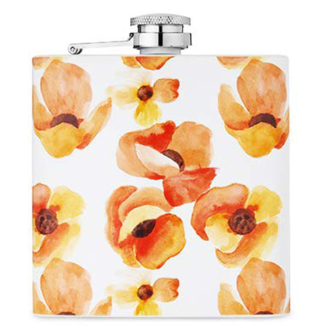 This white drinking flask with a metal lid has a design of pink and orange poppy flowers covering it.