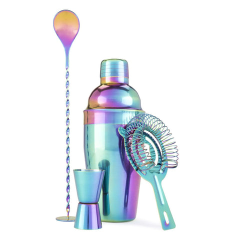 This set of barware, which includes a stir spoon, double jigger, cocktail shaker, and a strainer, all come with an iridescent finish.