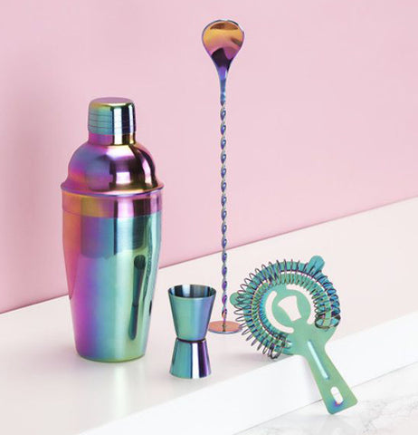 This set of barware, which includes a stir spoon, double jigger, cocktail shaker, and a strainer, all come with an iridescent finish.