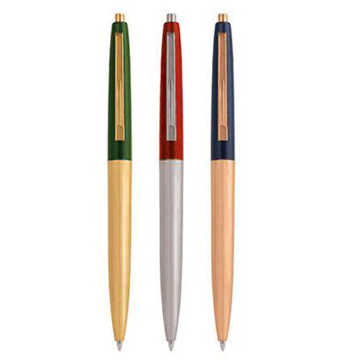 These metal pens are the same size and come in different colors. The first is green and golden, the second is red and silver, and the third is blue and copper.