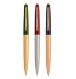 These metal pens are the same size and come in different colors. The first is green and golden, the second is red and silver, and the third is blue and copper.