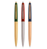 These metal pens are the same size and come in different colors. The first is green and golden, the second is red and silver, and the third is blue and copper.