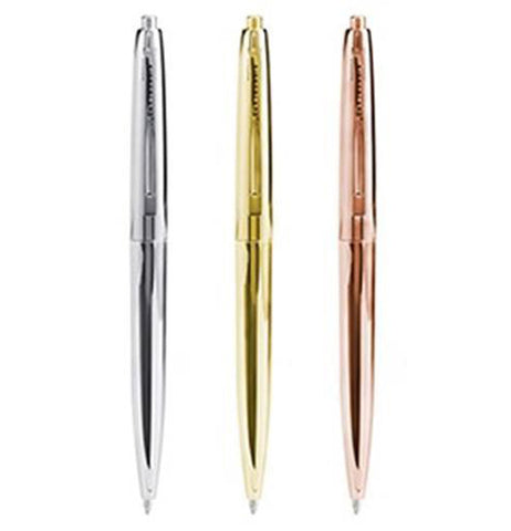 These three plastic pens have three different colors; the first is silver, the second is gold, and the third is copper.