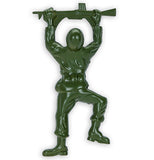 A green bottle opener in the shape of a soldier holding a rifle over his head.