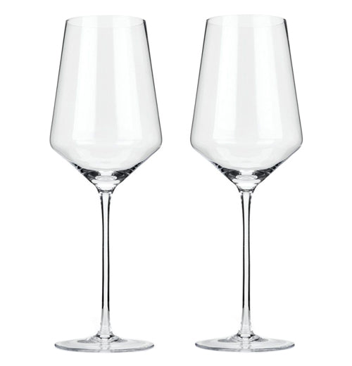 These wine glasses have a flat circular stand, a long thin stalk, and a widening basin from bottom to top.
