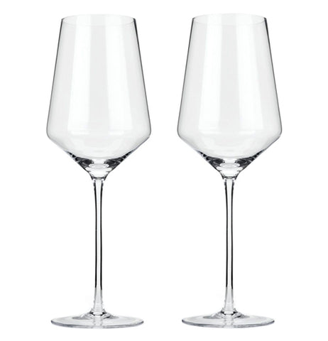 These wine glasses have a flat circular stand, a long thin stalk, and a widening basin from bottom to top.