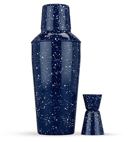 Enamel Shaker and Jigger Set has a dark blue background with white speckles.