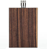 This rectangular drinking flask with a metal screw-in lid features a wood design..