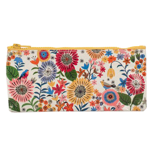 This is a zip-up case to store pencils with a design of beige, red, violet, and pink flowers against a white background.