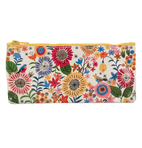 This is a zip-up case to store pencils with a design of beige, red, violet, and pink flowers against a white background.