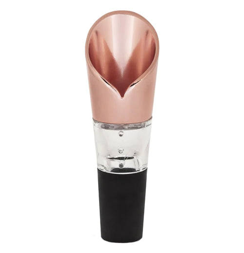 This copper, steel, and silicone cork has an open top shaped like a rose petal.