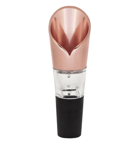 This copper, steel, and silicone cork has an open top shaped like a rose petal.