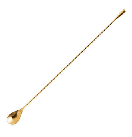 Gold bar spoon with tear drop shaped bowl and twisted stem on a white background.