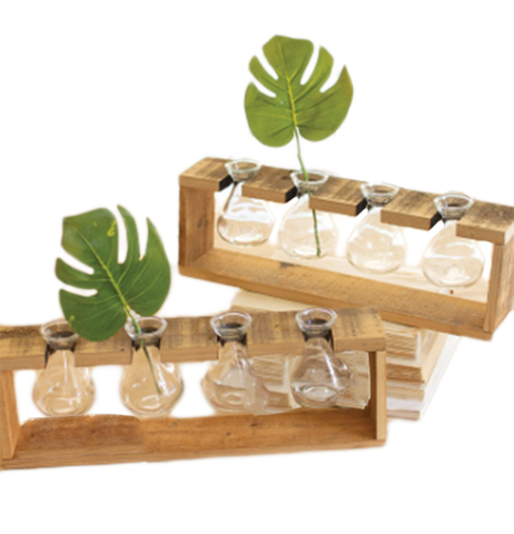 4 Glass Bud Vases on Recycled Wood Stand