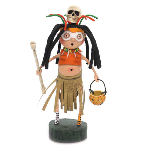 The Witch Doctor figure is a witch doctor holding a bone and a trick or treat basket. 