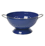 This Navy blue metal colander has silver metal handles and a wide blue bottom lip.