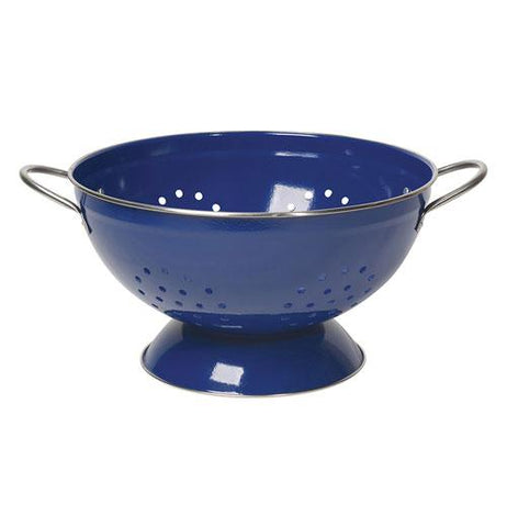 This Navy blue metal colander has silver metal handles and a wide blue bottom lip.