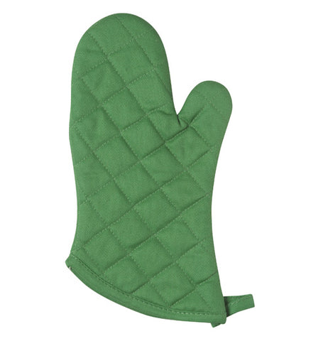 Verde Green oven mitt with hook for hanging.