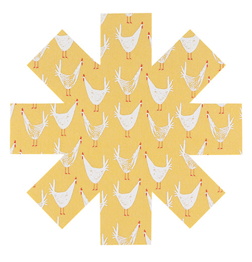This yellow pan protector with 8 segments has a pattern of white chickens covering it.
