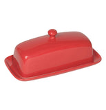 Red ceramic two piece butter dish with a round knob on top of the cover.