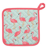 The "Flamingos" Pot Holder features pink flamingos over a light blue background with pink trim.. 