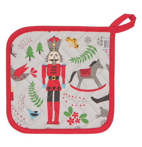 A nutcracker potholder perfect for the Christmas season, it has the pictures of a rocking pony and other cheery objects fit for the cheery holiday.